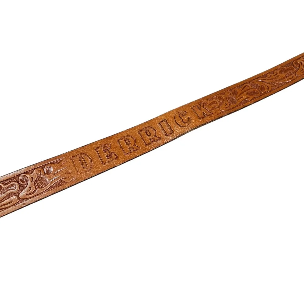 Vintage Leather Belt Tooled Floral Personalized DERRICK Western Style‎ Tan 28
